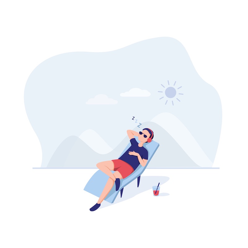 Illustration: Eine Person lehnt sich entspannt im Liegestuhl zurück, während die Webseite fertig wird.